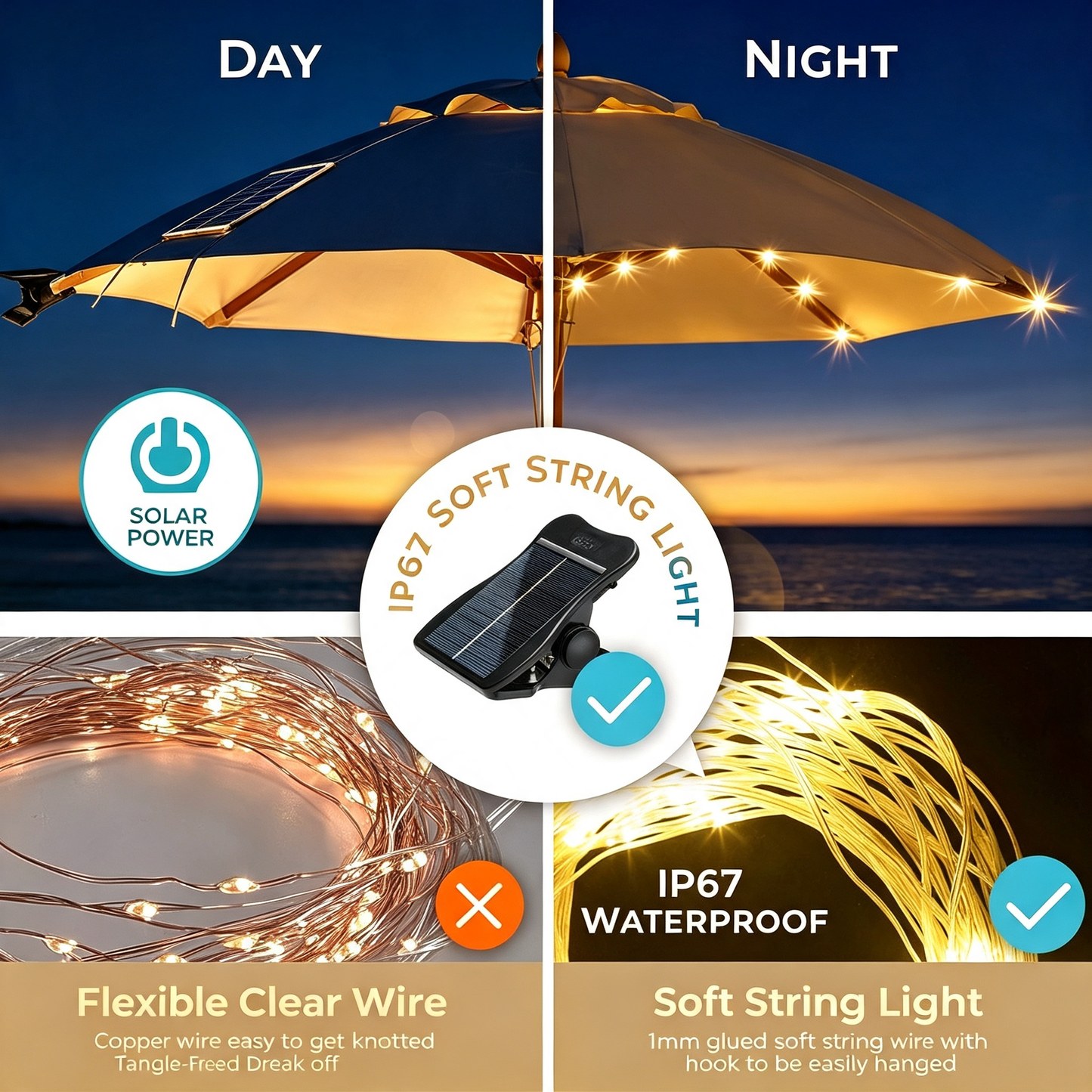 Clip‑on Solar Powered Umbrella String Lights