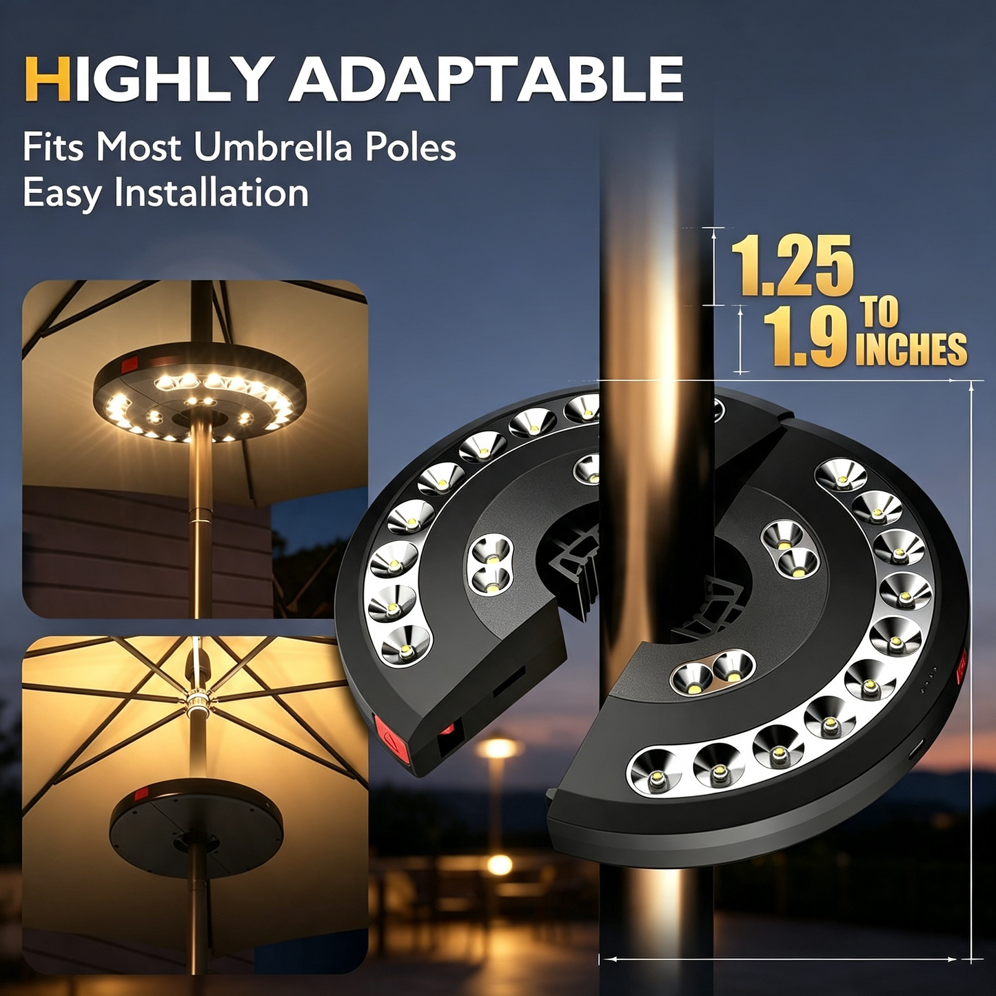 USB Rechargeable Patio Umbrella LED Pole Light