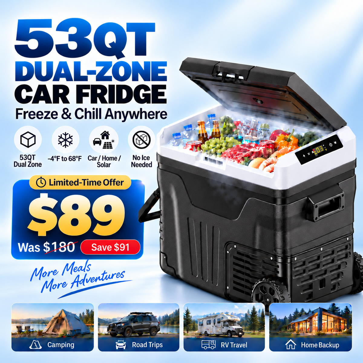 53QT 12V Portable Car Refrigerator – Dual Zone Fridge & Freezer